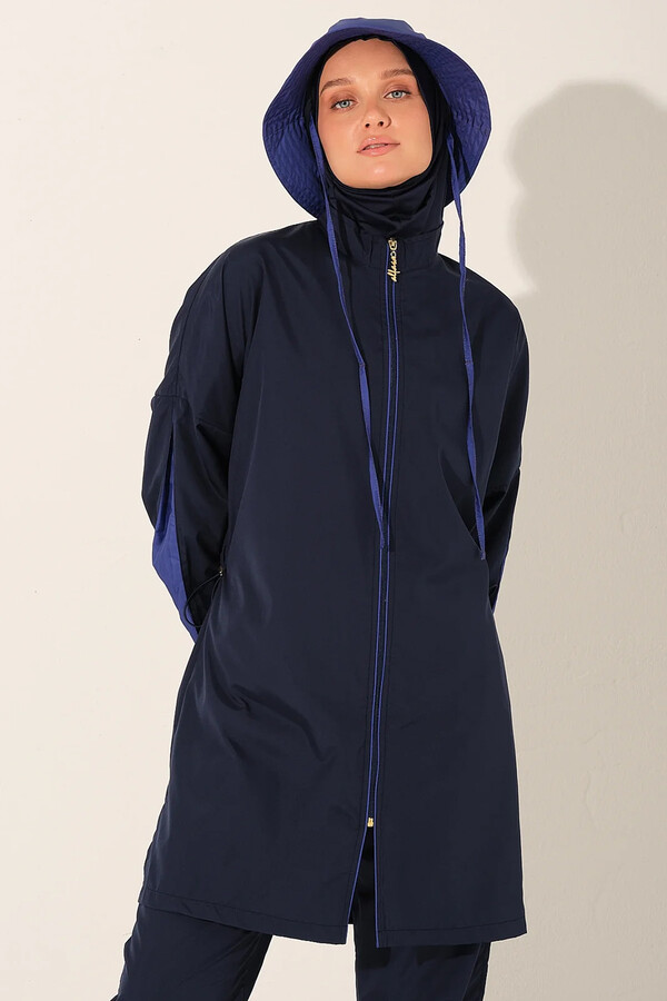 Navy Full-Cover Swimsuit with Hood and Tunic Style - Thumbnail