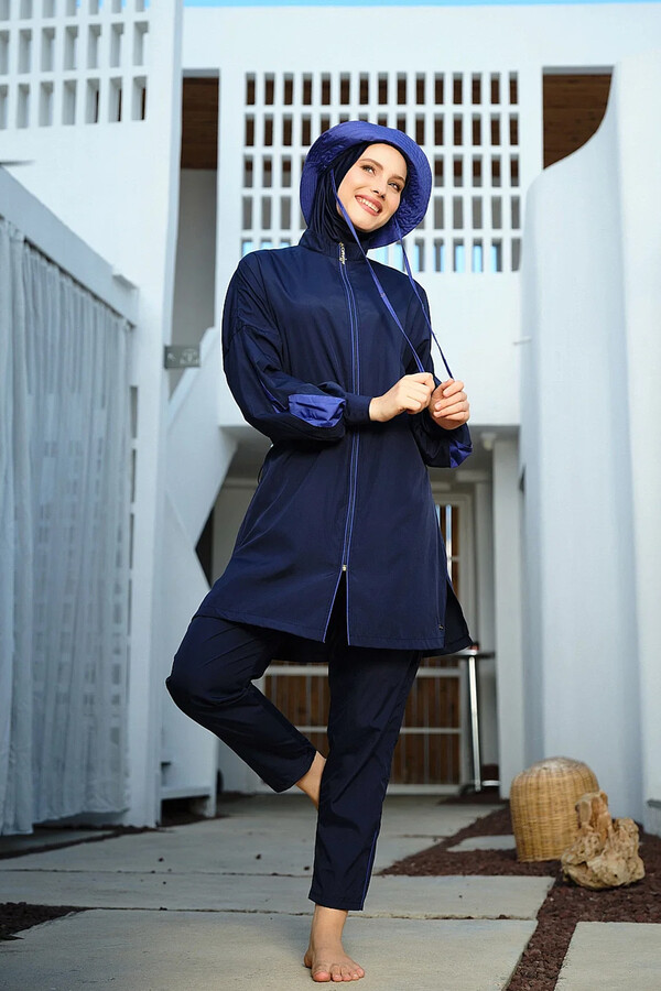 Navy Full-Cover Swimsuit with Hood and Tunic Style - Thumbnail