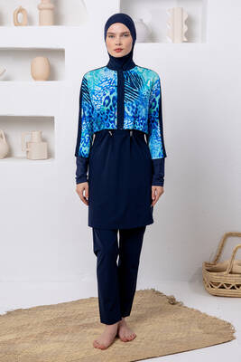 Adasea - Navy Full Coverage Modest Swimsuit Set with UV Protection