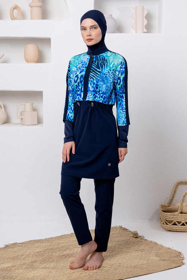 Navy Full Coverage Modest Swimsuit Set with UV Protection - Thumbnail