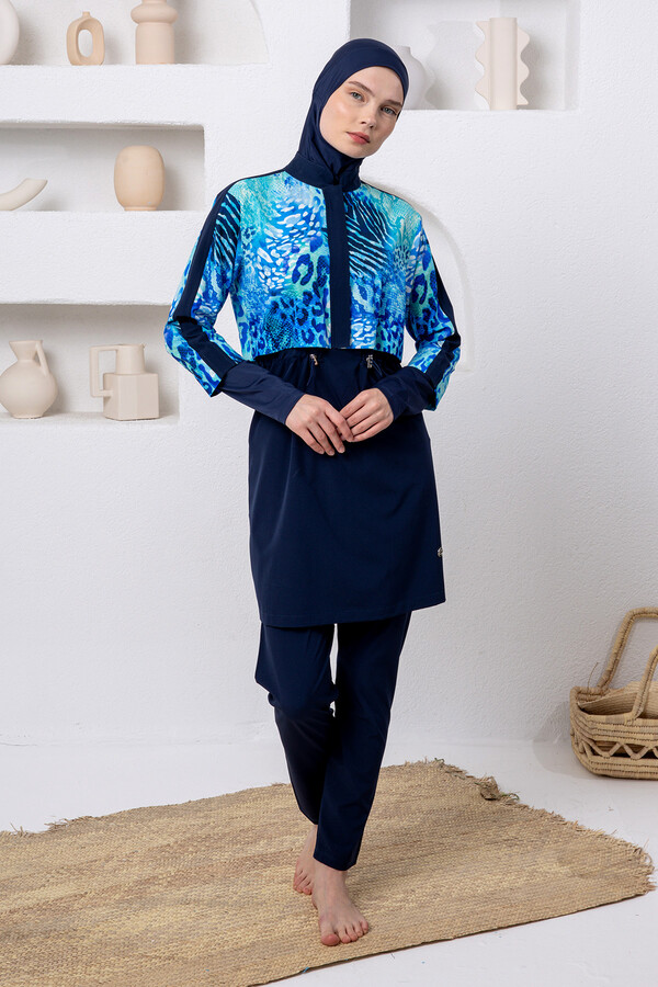 Navy Full Coverage Modest Swimsuit Set with UV Protection - Thumbnail