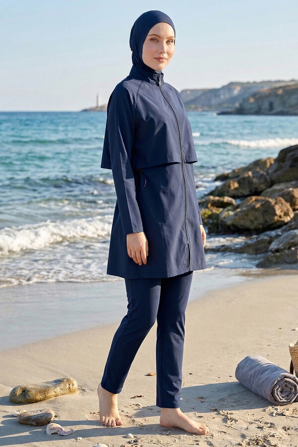 Navy Full Coverage Modest Swimsuit Set with Tunic Top 6201 - Thumbnail