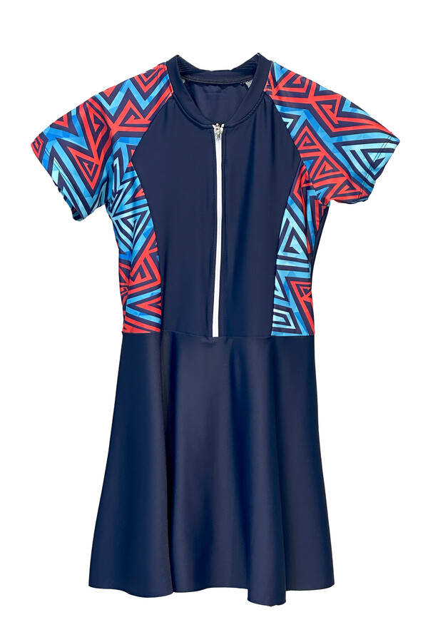 Navy Geometric Print Short Sleeve Skirted Leggings Swimsuit Set Mira 1511 Triangle - Thumbnail