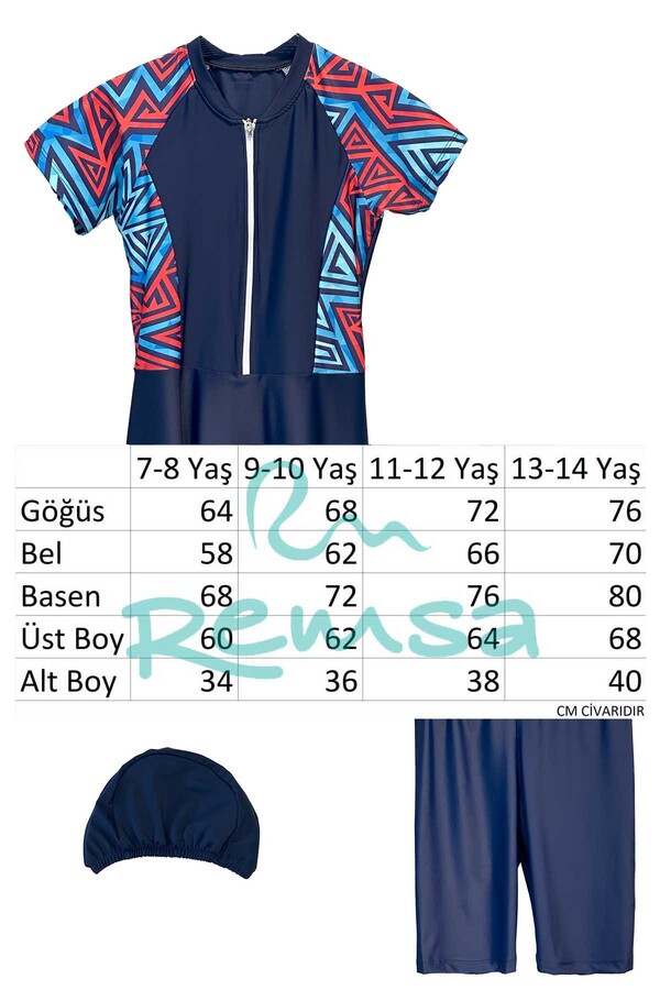 Navy Geometric Print Short Sleeve Skirted Leggings Swimsuit Set Mira 1511 Triangle - Thumbnail