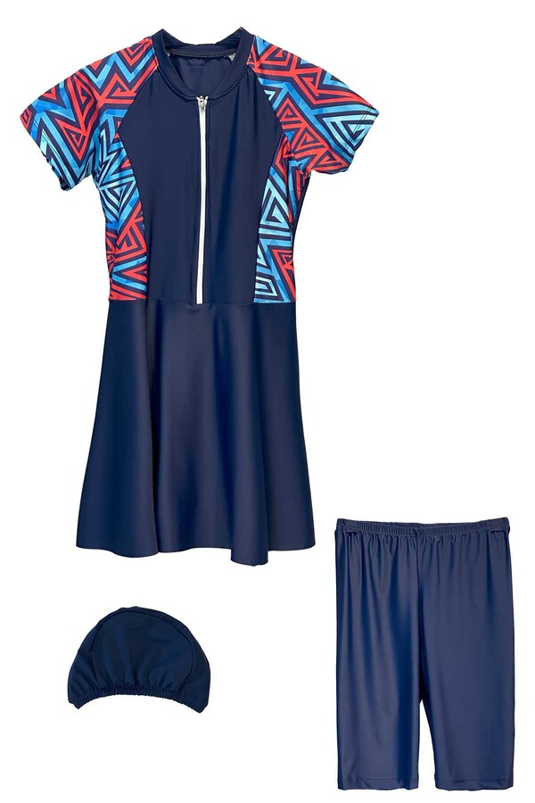 Navy Geometric Print Short Sleeve Skirted Leggings Swimsuit Set Mira 1511 Triangle - Thumbnail