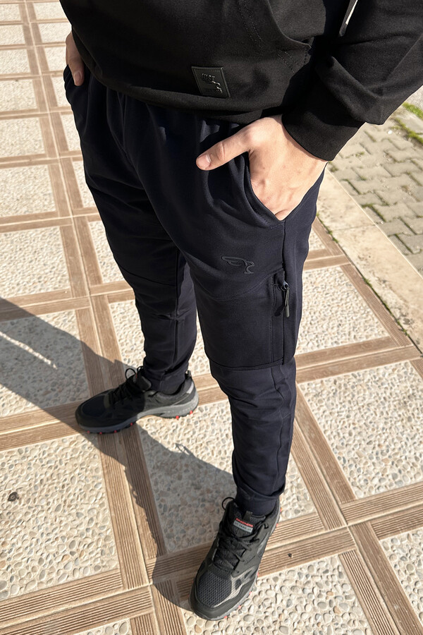 Navy Jogger Pants with Elastic Waist and Zipper Detail - Thumbnail