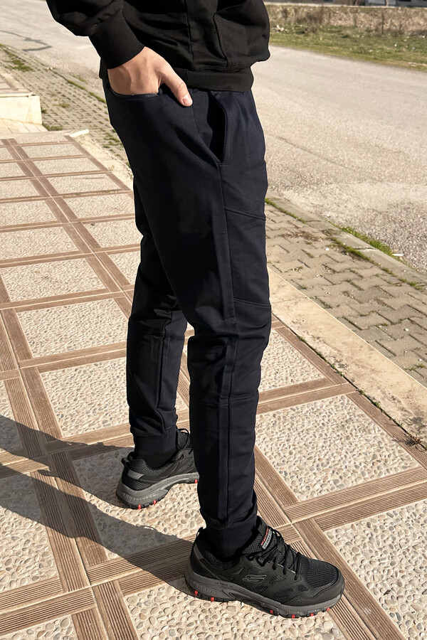 Navy Jogger Pants with Elastic Waist and Zipper Detail - Thumbnail