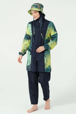 Alfasa - Navy Leaf Print Full-Cover Swimwear Set with Swim Cap