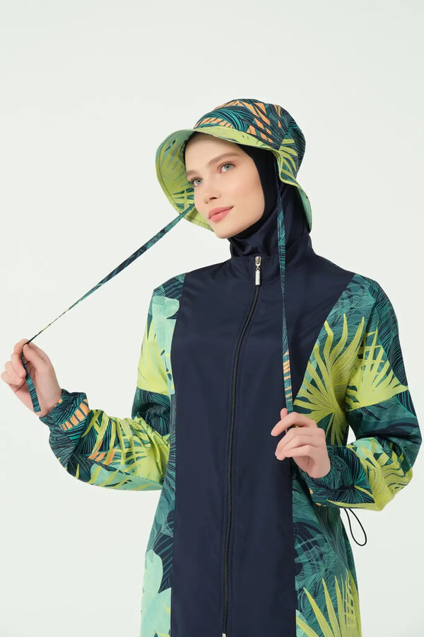 Navy Leaf Print Full-Cover Swimwear Set with Swim Cap - Thumbnail
