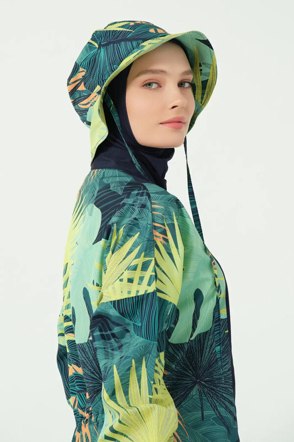 Navy Leaf Print Full-Cover Swimwear Set with Swim Cap - Thumbnail