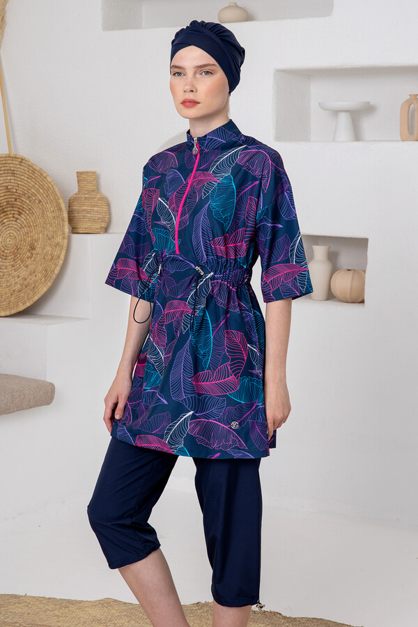 Navy Long-Sleeve Modest Swimwear Set with Headpiece - Thumbnail