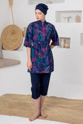 Adasea - Navy Long-Sleeve Modest Swimwear Set with Headpiece (1)