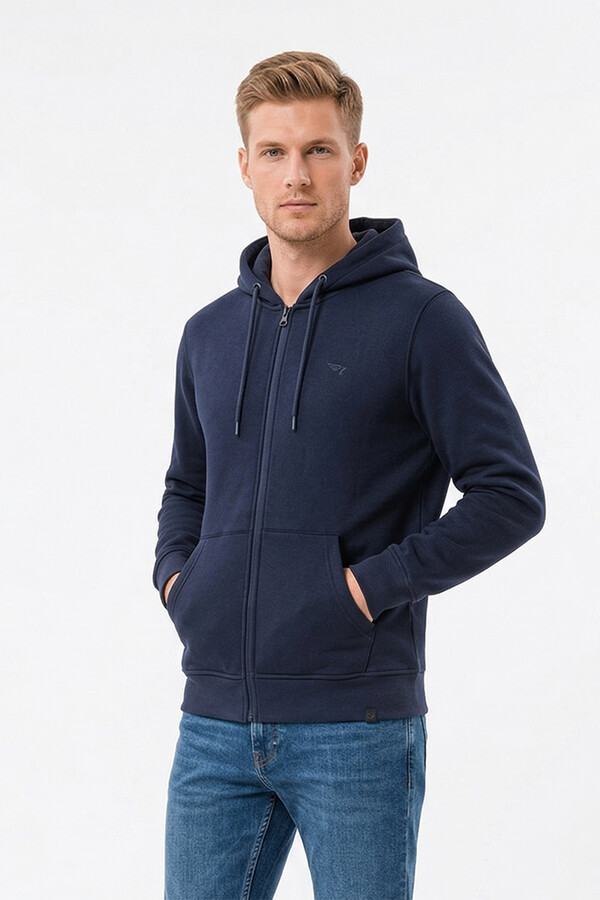 Navy Marbled Texture Hooded Zip-Up Jacket 7095 - Thumbnail