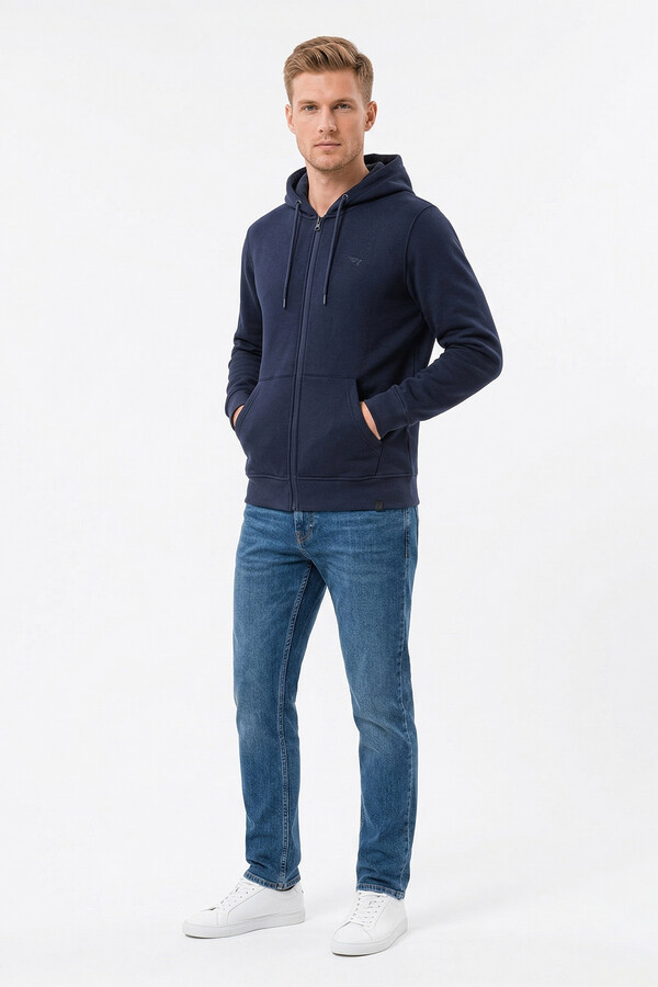 Navy Marbled Texture Hooded Zip-Up Jacket 7095 - Thumbnail