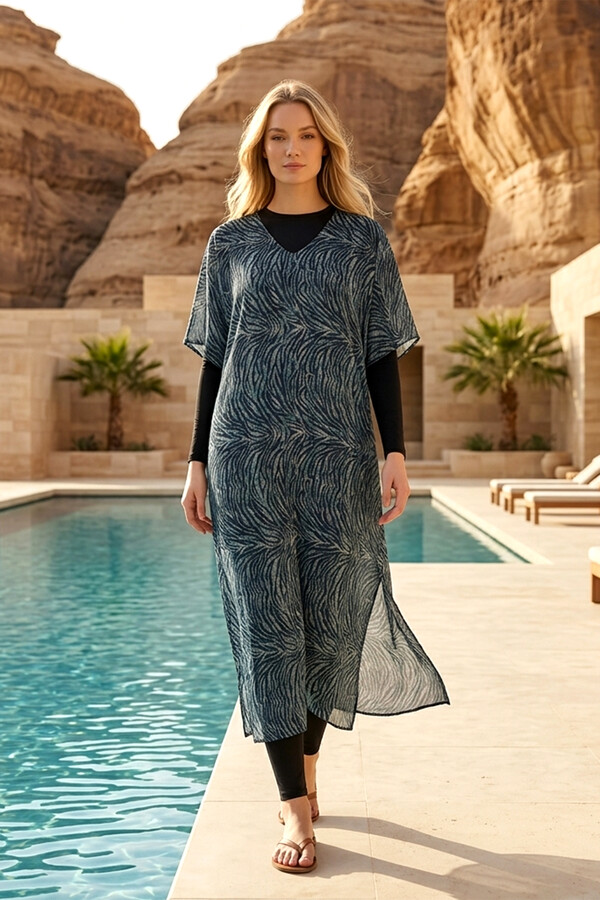 Navy Patterned Kaftan Pareo for Modest Swimwear - Thumbnail