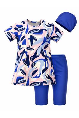 Haliç Mayo - Navy Patterned Swimwear Set with Short-Sleeve Top and Fitted Bottoms (1)