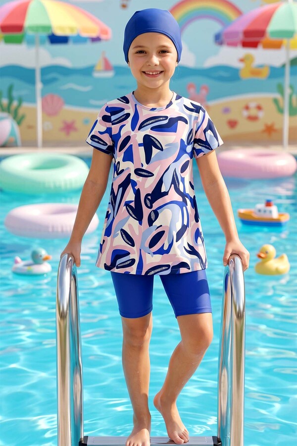Navy Patterned Swimwear Set with Short-Sleeve Top and Fitted Bottoms - Thumbnail