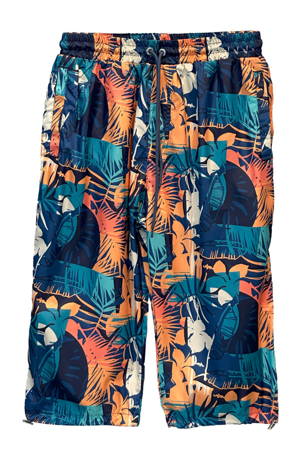 Navy Patterned UV Protection Men's Long Capri Swim Trunks K106 - Thumbnail