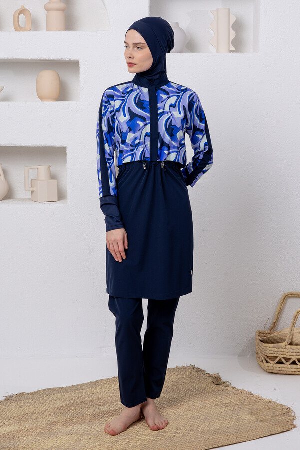 Navy Print Full-Cover Modest Swimwear Set - Thumbnail