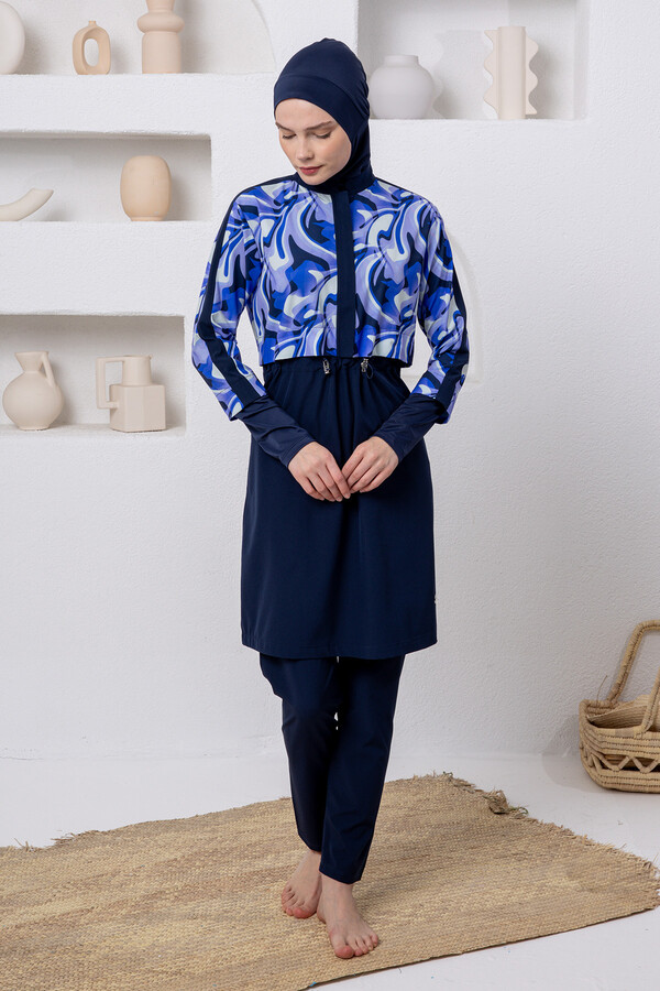 Navy Print Full-Cover Modest Swimwear Set - Thumbnail