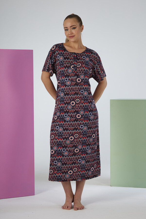 Navy Printed Viscose Pajama Dress - Thumbnail