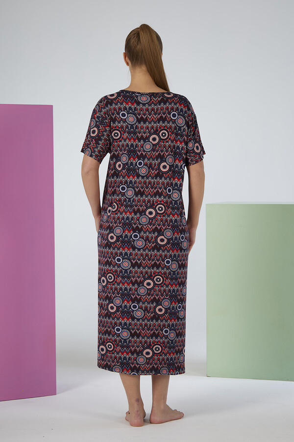 Navy Printed Viscose Pajama Dress - Thumbnail