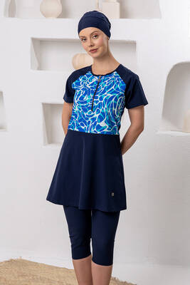 Adasea - Navy Semi-Covered Sports Lycra Short Sleeve Modest Swimsuit Set 1608