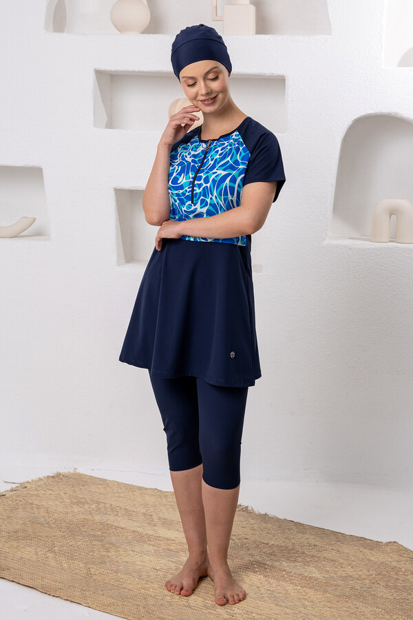 Navy Semi-Covered Sports Lycra Short Sleeve Modest Swimsuit Set 1608 - Thumbnail