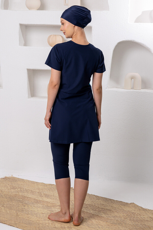 Navy Semi-Covered Sports Lycra Short Sleeve Modest Swimsuit Set 1608 - Thumbnail
