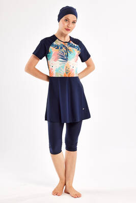 Adasea - Navy Short Sleeve Lycra Half-Covered Swimsuit Set 1607 (1)