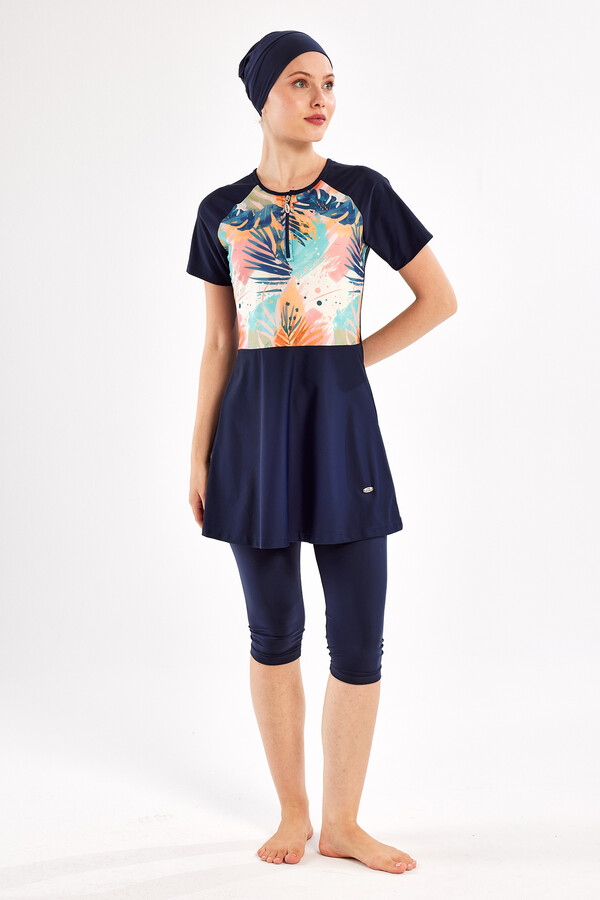 Navy Short Sleeve Lycra Half-Covered Swimsuit Set 1607 - Thumbnail