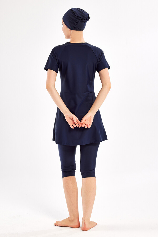Navy Short Sleeve Lycra Half-Covered Swimsuit Set 1607 - Thumbnail