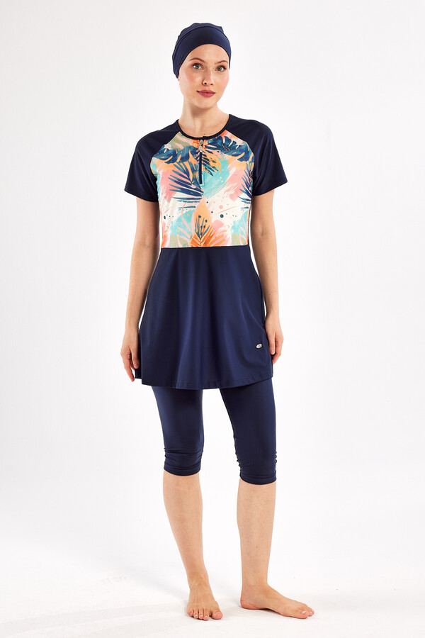 Navy Short Sleeve Lycra Half-Covered Swimsuit Set 1607 - Thumbnail