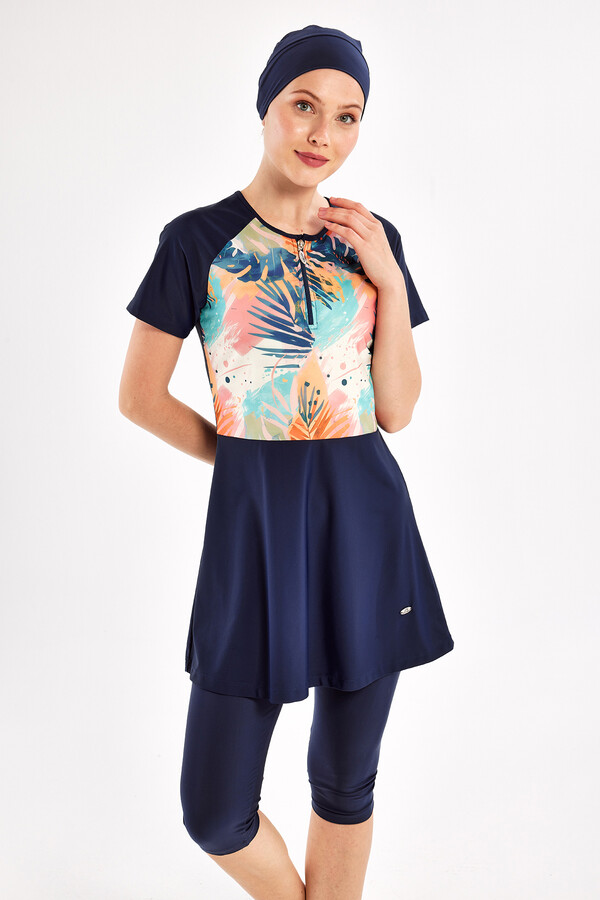 Navy Short Sleeve Lycra Half-Covered Swimsuit Set 1607 - Thumbnail