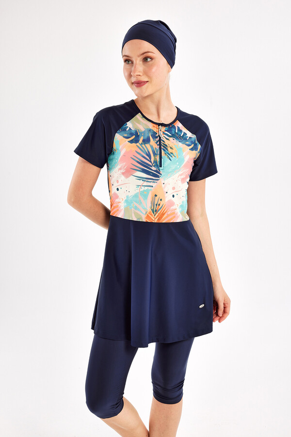 Navy Short Sleeve Lycra Half-Covered Swimsuit Set 1607 - Thumbnail