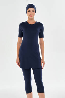 Maresiva - Navy Blue Short Sleeve Tights Lycra Half-Covered Swimsuit Set 2606