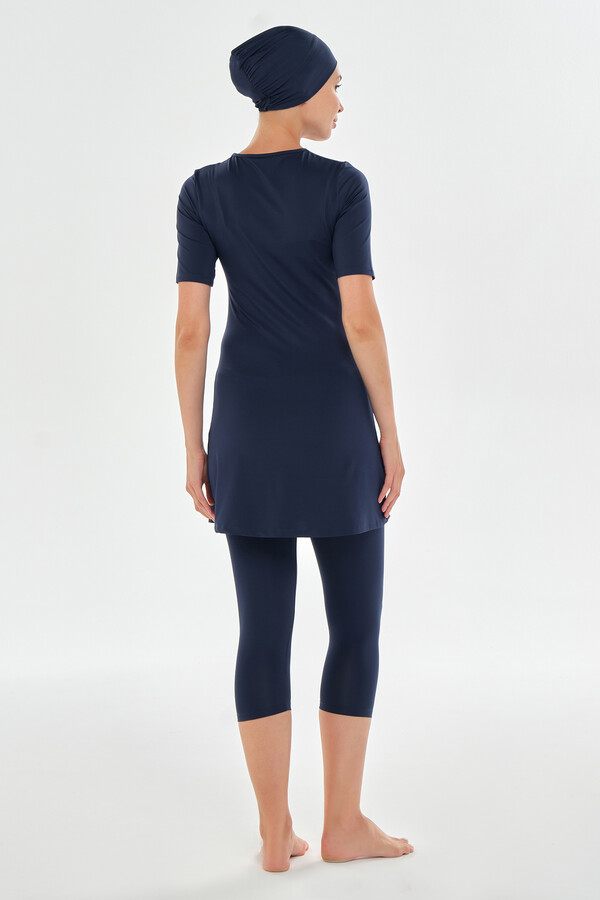 Navy Blue Short Sleeve Tights Lycra Half-Covered Swimsuit Set 2606 - Thumbnail