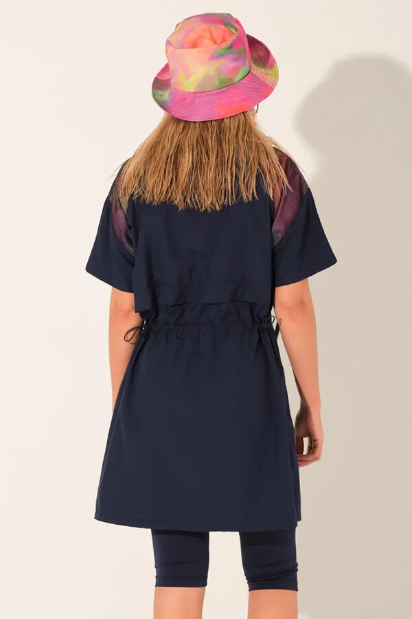 Navy Short-Sleeve Tunic Modest Swimsuit with Swim Cap - Thumbnail