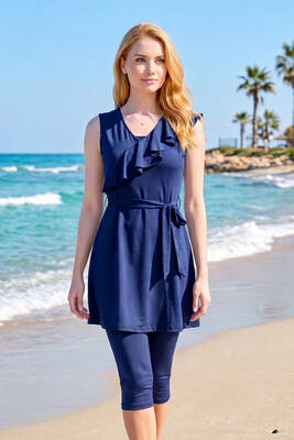 Haliç Mayo - Navy Sleeveless Lycra Half-Covered Swimsuit Set