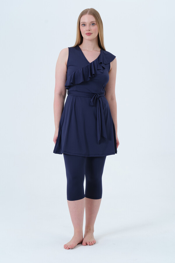 Navy Sleeveless Lycra Half-Covered Swimsuit Set - Thumbnail