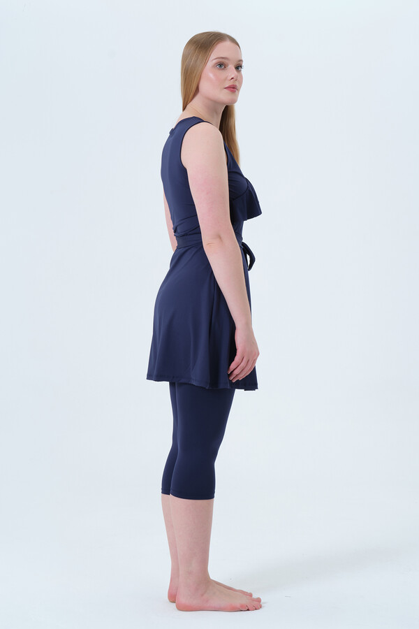 Navy Sleeveless Lycra Half-Covered Swimsuit Set - Thumbnail