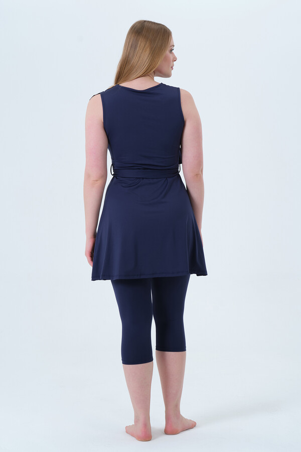 Navy Sleeveless Lycra Half-Covered Swimsuit Set - Thumbnail