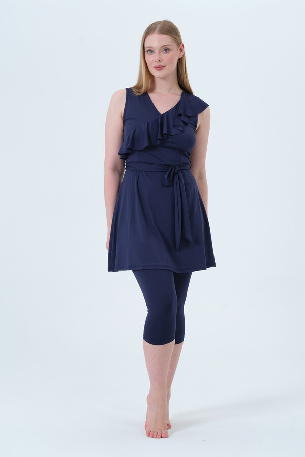 Navy Sleeveless Lycra Half-Covered Swimsuit Set - Thumbnail