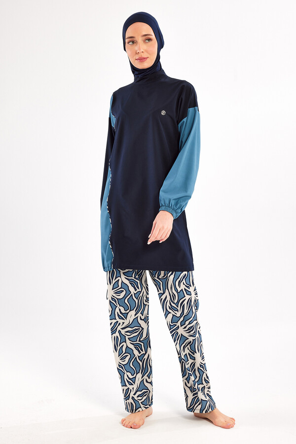 Navy Sport Lycra Full Coverage Modest Swimsuit Set 121902 - Thumbnail