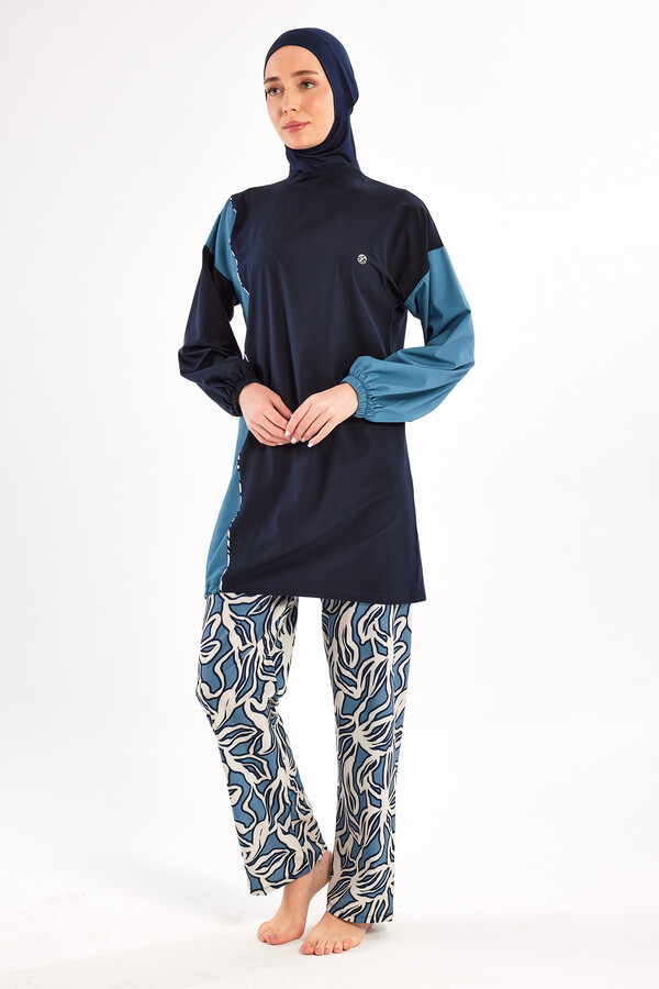 Navy Sport Lycra Full Coverage Modest Swimsuit Set 121902 - Thumbnail