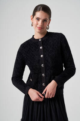 Lale Boutique - Nuss Knit Button Detail Short Cardigan 7001 Black (1)