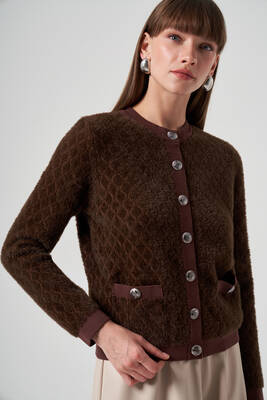 Lale Boutique - Nuss Knit Button Detail Short Cardigan 7001 Brown