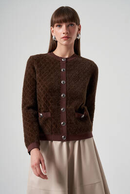 Lale Boutique - Nuss Knit Button Detail Short Cardigan 7001 Brown (1)