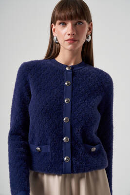Lale Boutique - Nuss Knit Button Detail Short Cardigan 7001 Cobalt Blue