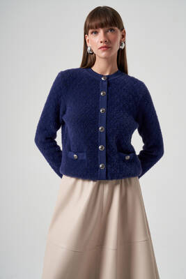 Lale Boutique - Nuss Knit Button Detail Short Cardigan 7001 Cobalt Blue (1)